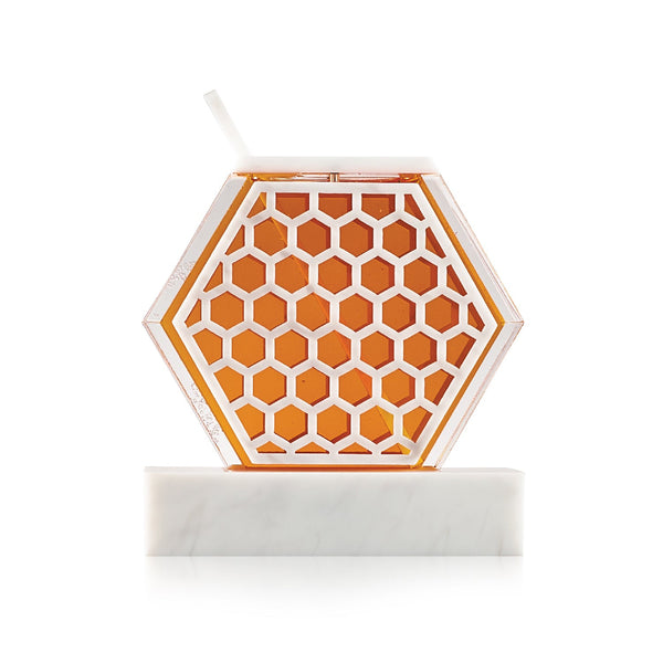 Honeycomb Honey Dish — White Marble Lucite — lucite Judaica decor | Judaica Square Lakewood