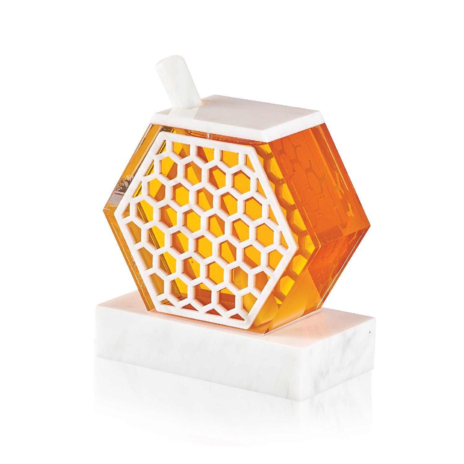 Honeycomb Honey Dish — White Marble Lucite — lucite Judaica decor | Judaica Square Lakewood