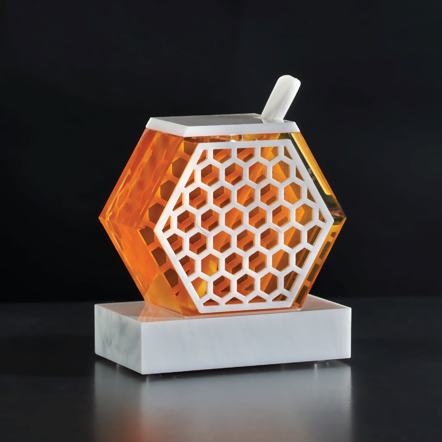 Honeycomb Honey Dish — White Marble Lucite — lucite Judaica decor | Judaica Square Lakewood