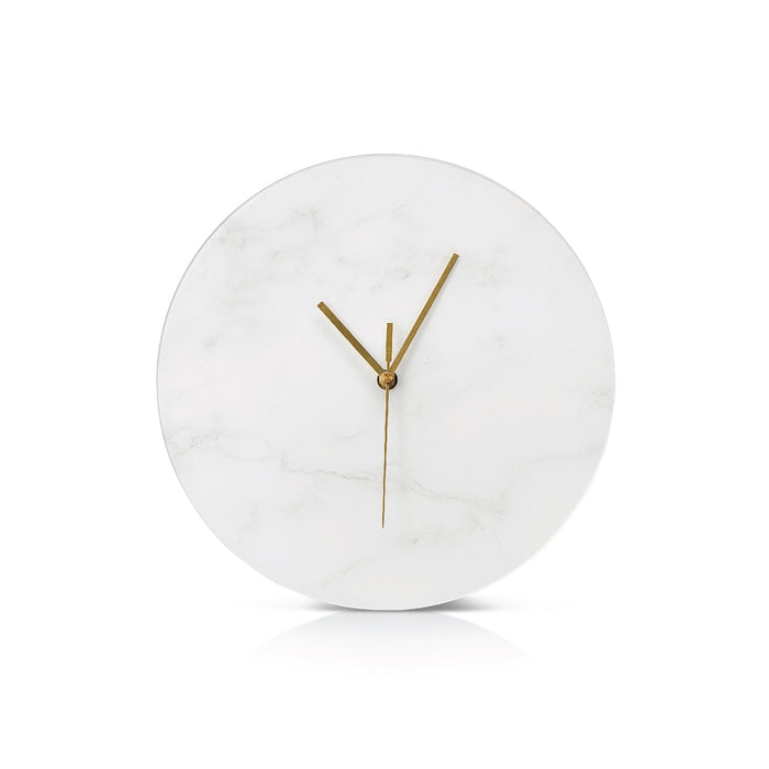White Marble Lucite Minimalist Clock with Gold Handles — minimalist clock, gold hands | Judaica Square Lakewood