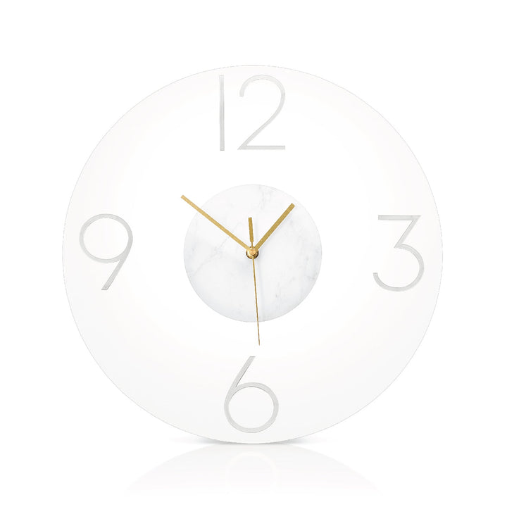 Luxe Clock with white 3D numbers, a white marble centre and gold hands