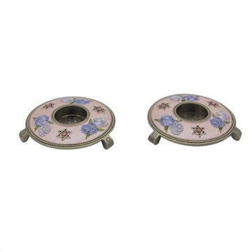 Reuven Masel pink floral candle holders with decorative stars and round bases