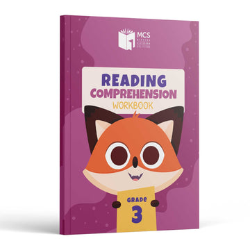 Reading Comprehension Workbook Grade 3 front cover — cartoon fox holding a yellow Grade 3 card on a magenta background