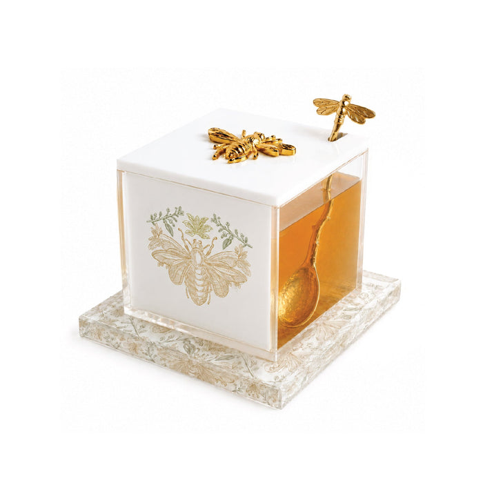 Gilded Bee Honey Dish — lucite honey dish with gold bee lid, matching plate and bee spoon | Judaica Square Lakewood