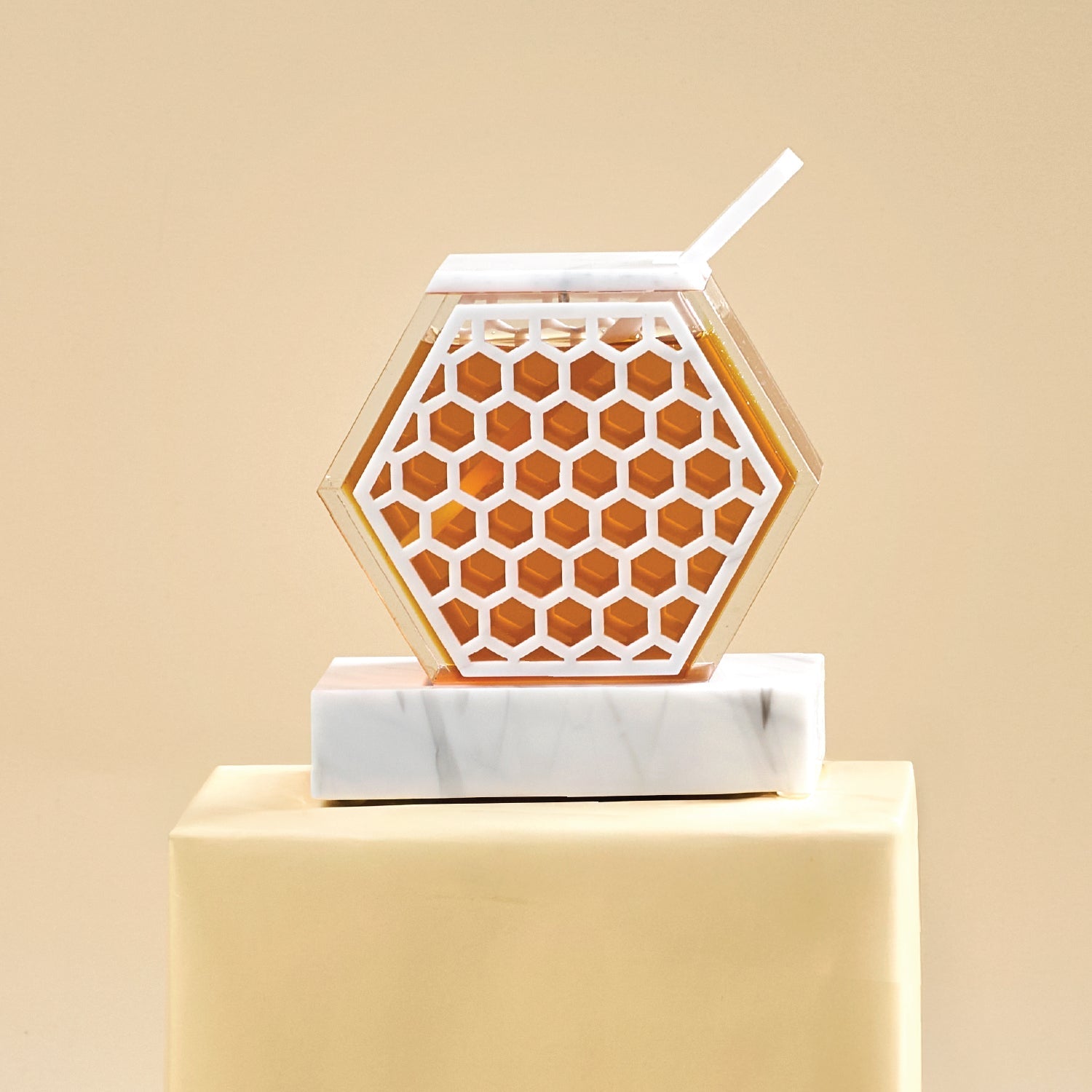 Honeycomb Honey Dish — White Marble Lucite — lucite Judaica decor | Judaica Square Lakewood