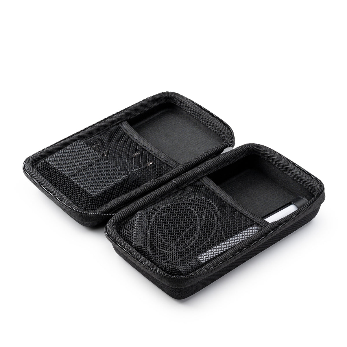 Shabbostick Mini zip travel case open, holding the lamp, USB cable and plug adapter