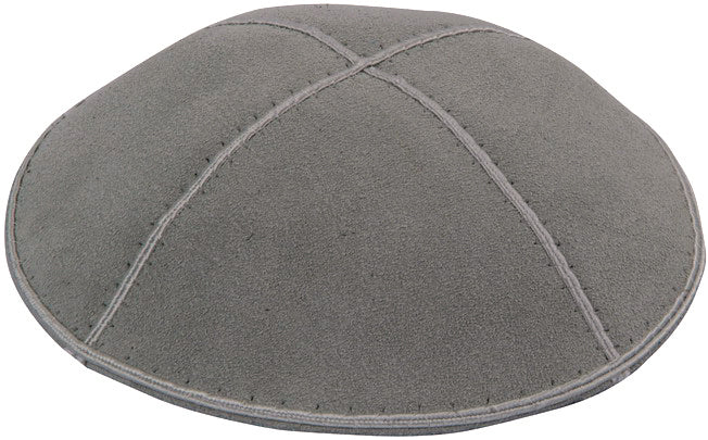 Medium gray four-panel suede kippah with a brushed nap and tonal stitched seams, top-front view