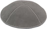 Medium gray four-panel suede kippah with a brushed nap and tonal stitched seams, top-front view