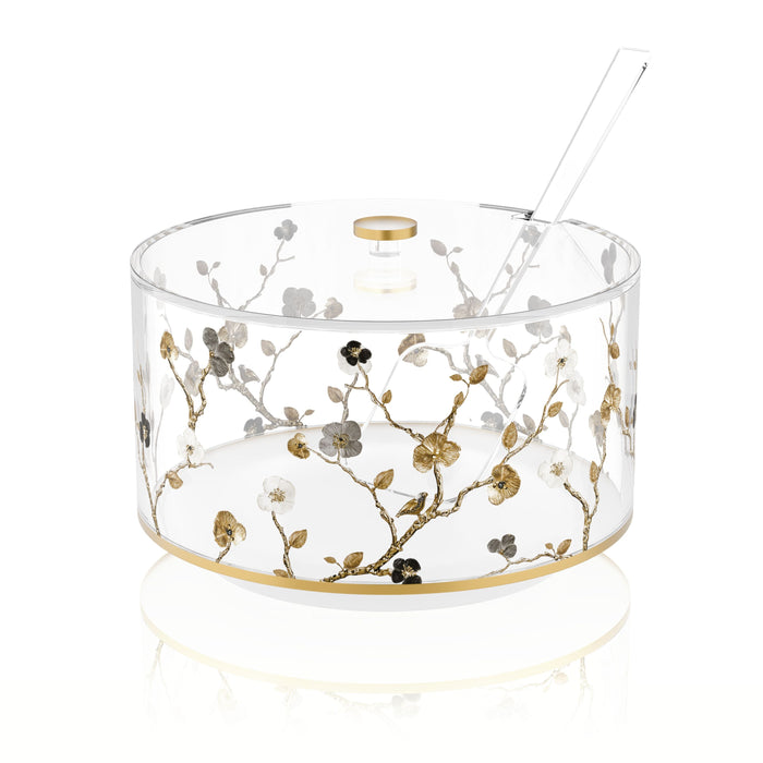 Ornate Garden Salad Bowl — Acrylic — clear lucite bowl with gold base, magnetic lid and serving spoon | Judaica Square Lakewood