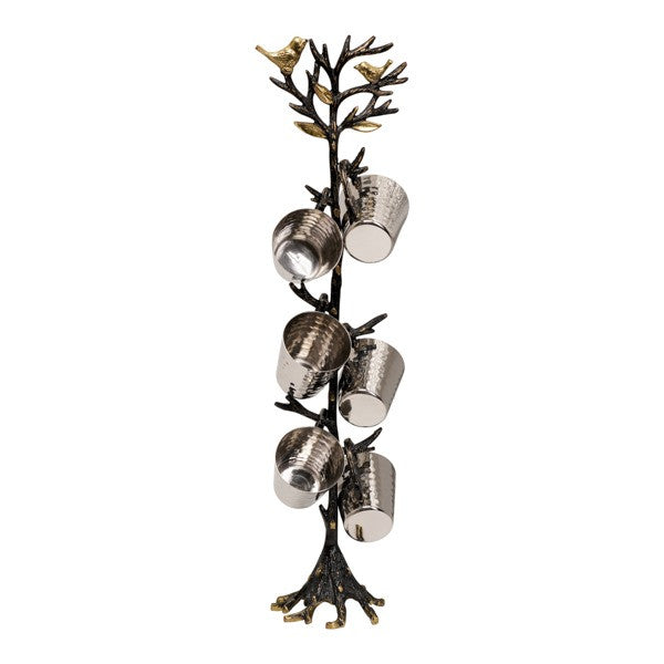 Emanuel Set of 6 Hammered Liquor Cups on Tree of Life Branch Stand (EM-SEA3)