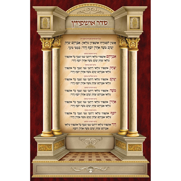 Seder Ushpizin sukkah mural with Hebrew daily invitations on parchment, framed by cream columns, gold ornament and a red border