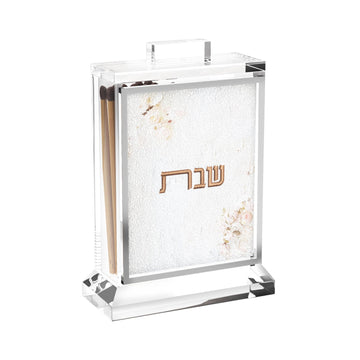 Blush Rose matchbox holder with Shabbos lettering and rose leather panel, long matches visible inside