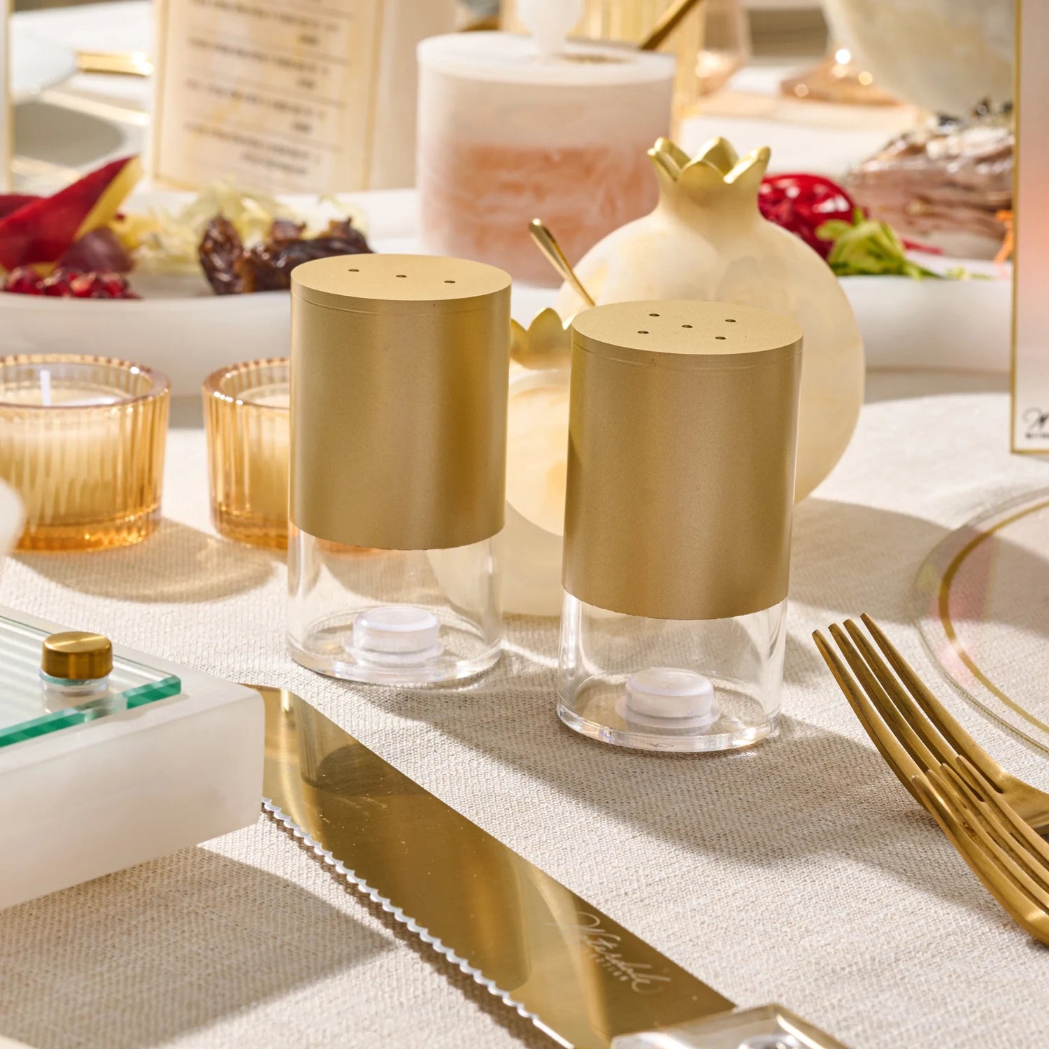 Classic Salt Shaker — gold metallic salt shaker on clear acrylic base, Shabbos tabletop | Judaica Square Lakewood