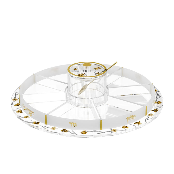 Golden Branch round lucite simanim tray with eight compartments and a lidded honey dish in the center