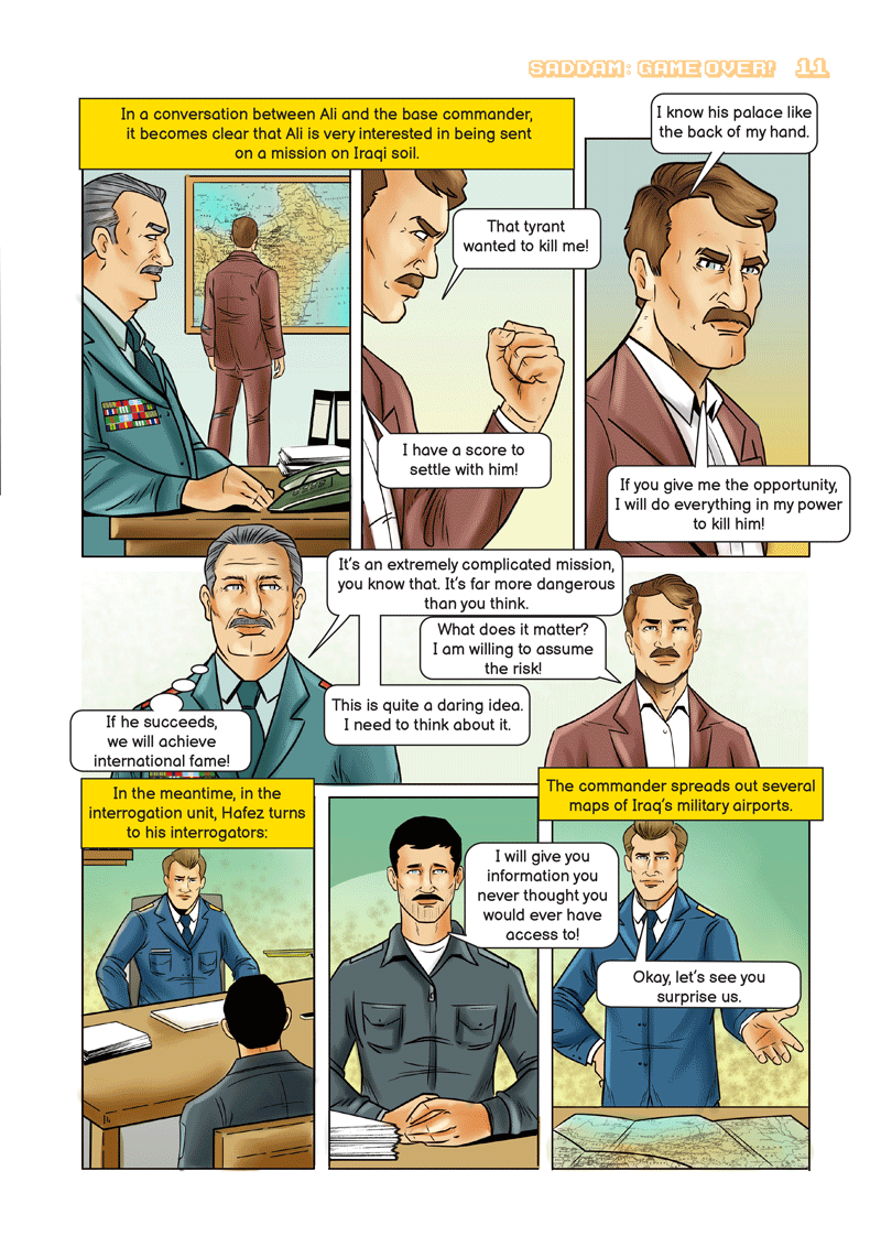 Comic panel page — an officer questions a man about a mission for Saddam