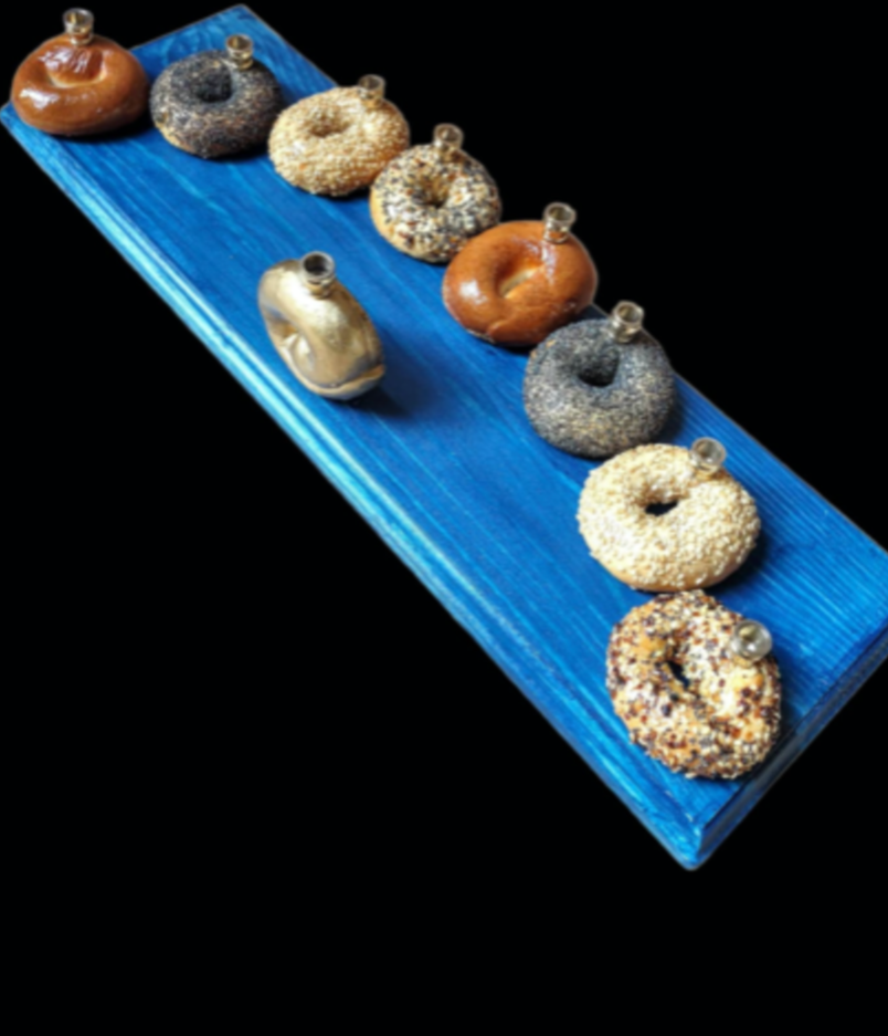 Bagel Lover's Menorah — nine real shellacked bagels on a long stained wood base | Judaica Square Lakewood (view 7)