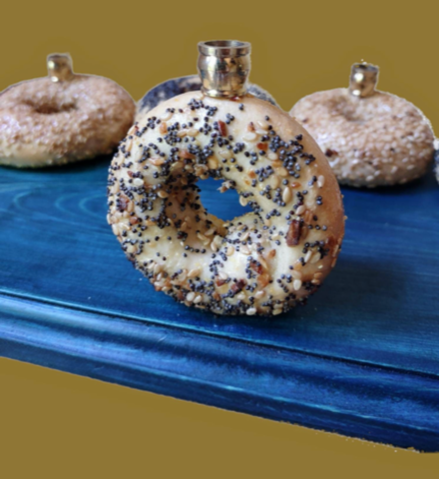 Bagel Lover's Menorah — nine real shellacked bagels on a long stained wood base | Judaica Square Lakewood (view 11)