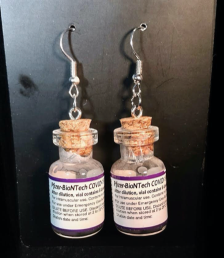 Vaccine Earrings — emptied clear Pfizer vaccine vials on hooks | Judaica Square Lakewood (view 2)