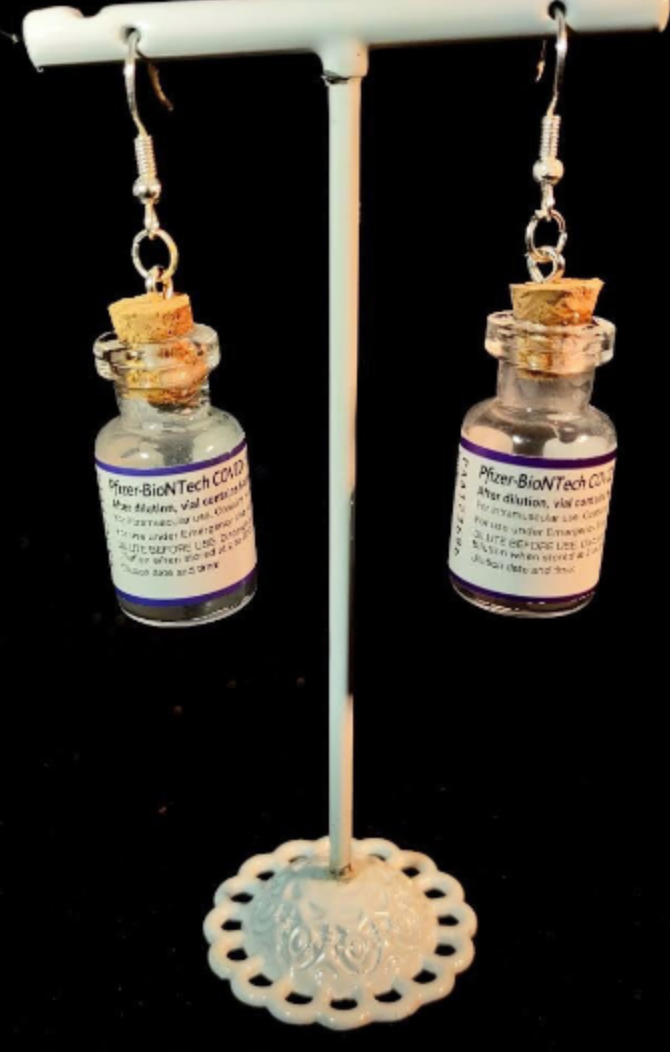 Vaccine Earrings — emptied clear Pfizer vaccine vials on hooks | Judaica Square Lakewood (view 3)
