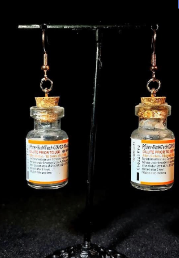 Vaccine Earrings — emptied clear Pfizer vaccine vials on hooks | Judaica Square Lakewood (view 4)