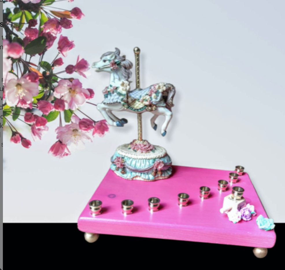 Carousel menorah — vintage musical horse on painted base with silicone flowers | Judaica Square Lakewood (view 6)