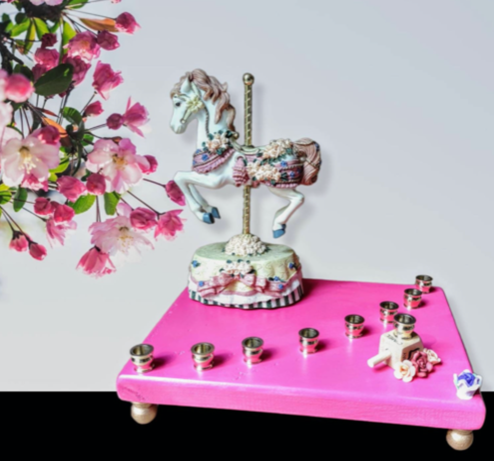 Carousel menorah — vintage musical horse on painted base with silicone flowers | Judaica Square Lakewood (view 7)