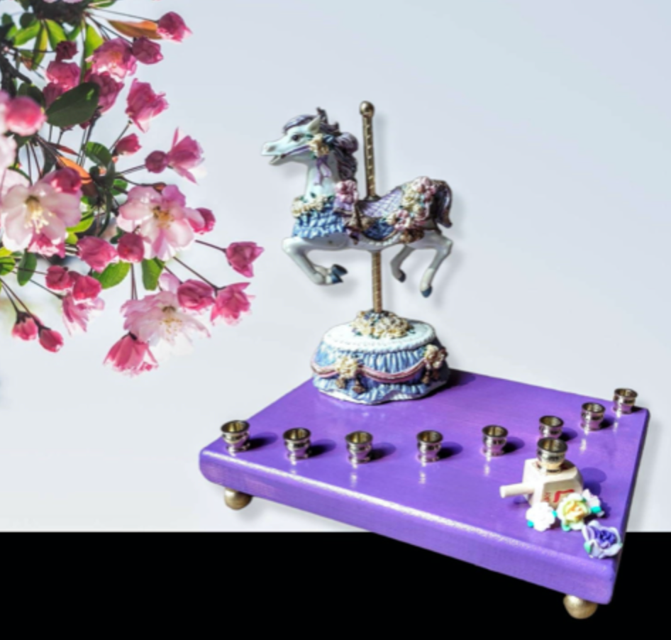 Carousel menorah — vintage musical horse on painted base with silicone flowers | Judaica Square Lakewood (view 8)
