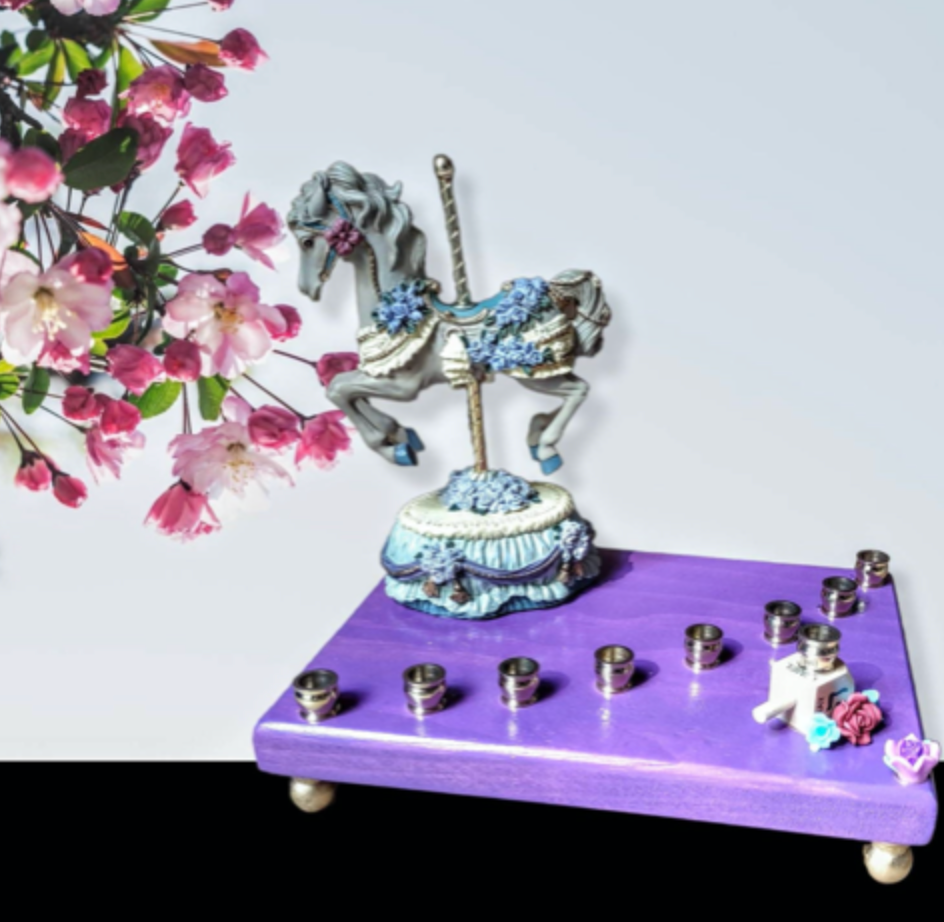 Carousel menorah — vintage musical horse on painted base with silicone flowers | Judaica Square Lakewood (view 9)
