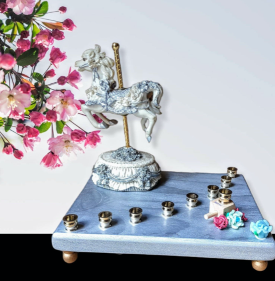 Carousel menorah — vintage musical horse on painted base with silicone flowers | Judaica Square Lakewood (view 10)