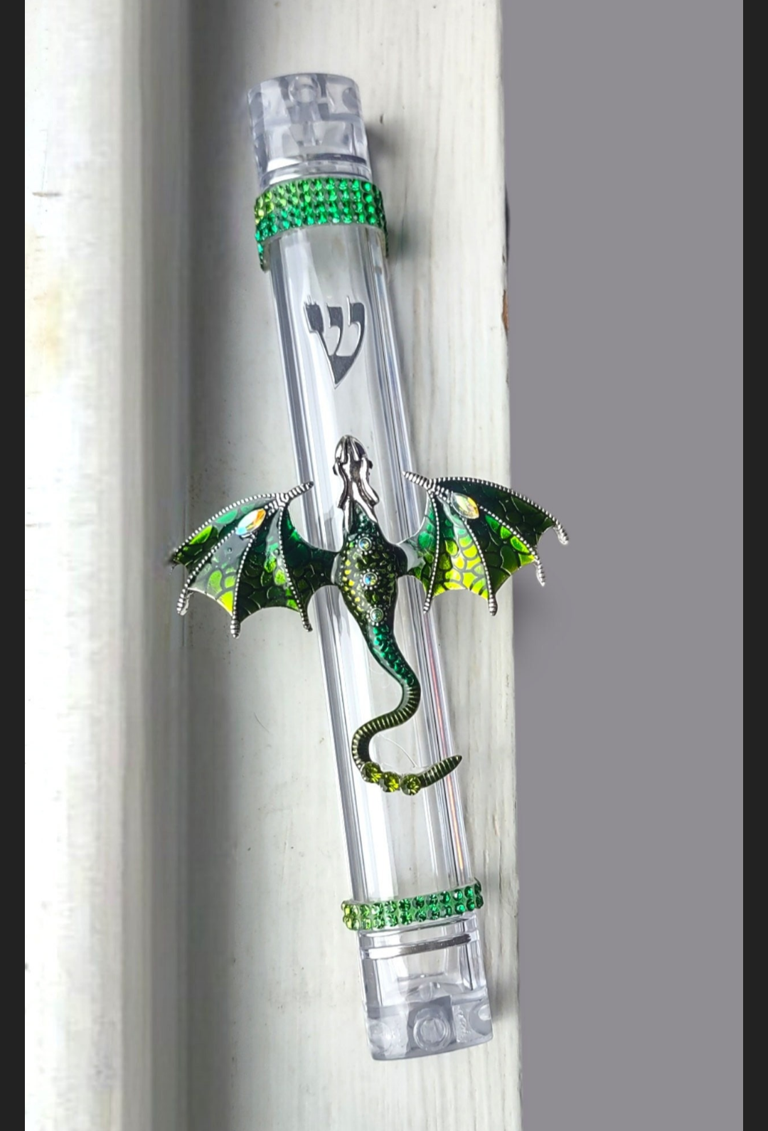 Colorful dragon mezuzah case — enamel dragon and rhinestones on a clear acrylic case | Judaica Square Lakewood (view 7)