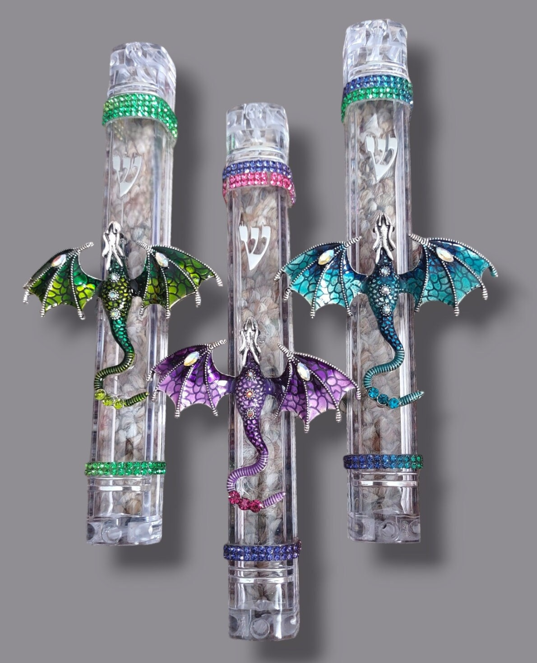 Colorful dragon mezuzah case — enamel dragon and rhinestones on a clear acrylic case | Judaica Square Lakewood (view 11)