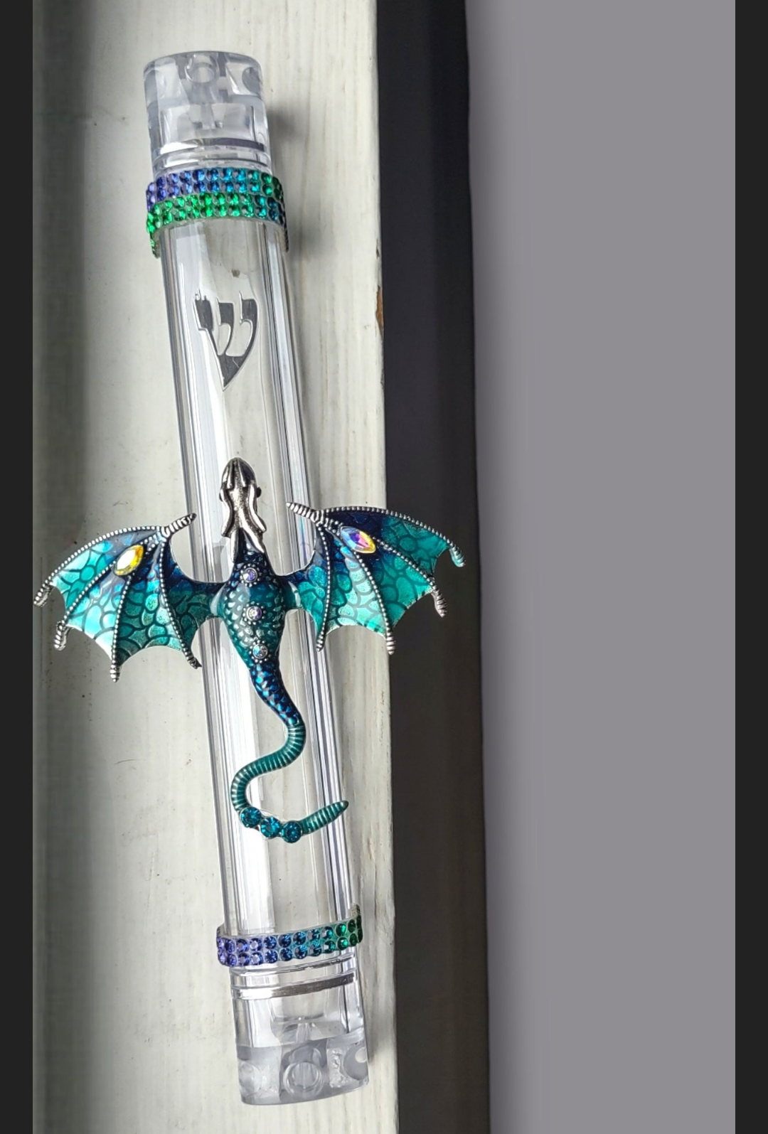 Colorful dragon mezuzah case — enamel dragon and rhinestones on a clear acrylic case | Judaica Square Lakewood (view 8)