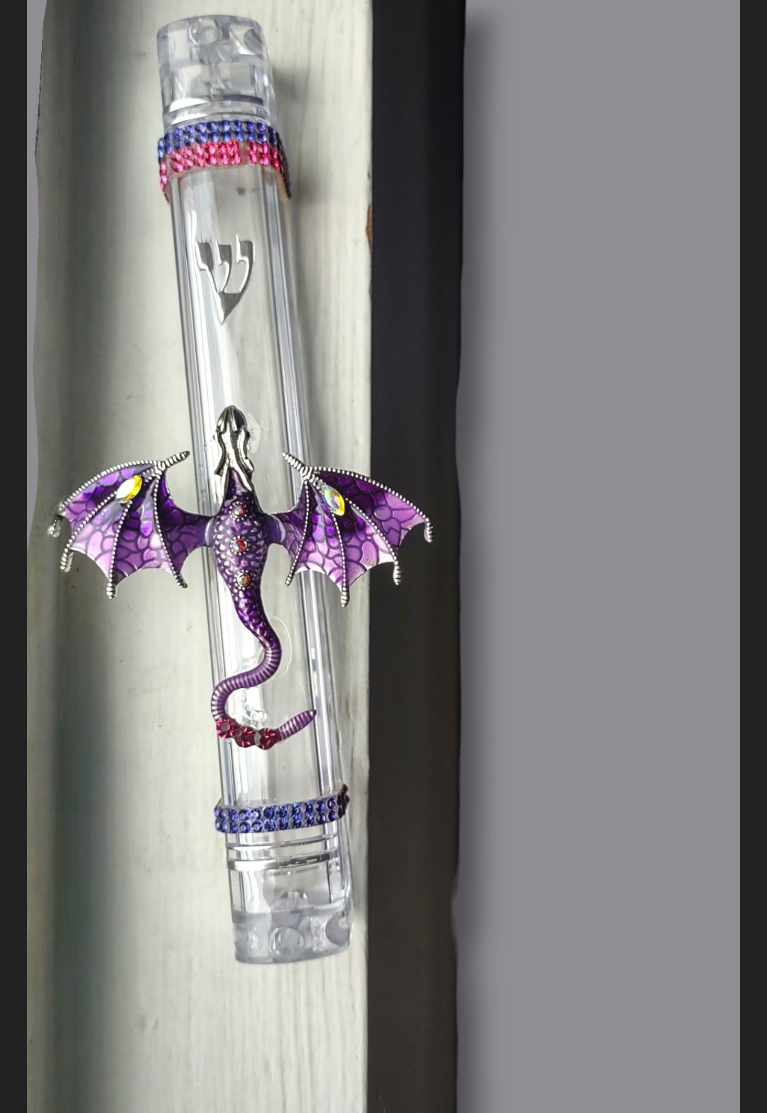 Colorful dragon mezuzah case — enamel dragon and rhinestones on a clear acrylic case | Judaica Square Lakewood (view 9)