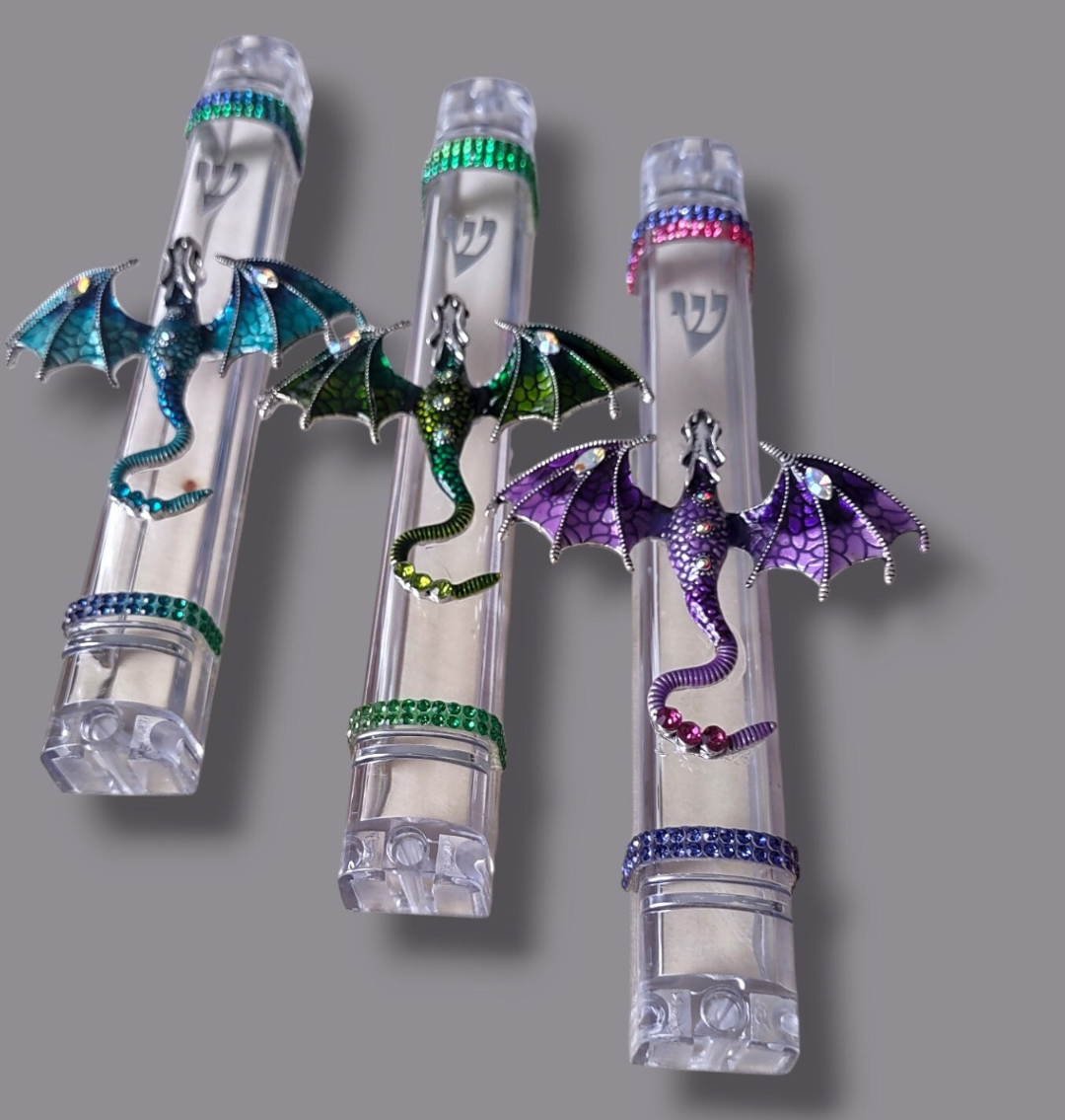 Colorful dragon mezuzah case — enamel dragon and rhinestones on a clear acrylic case | Judaica Square Lakewood (view 10)
