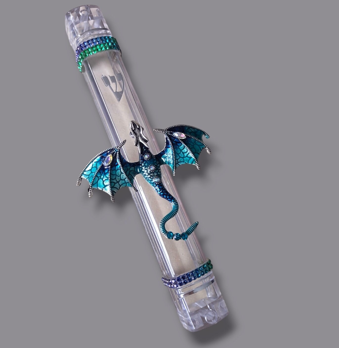 Colorful dragon mezuzah case — enamel dragon and rhinestones on a clear acrylic case | Judaica Square Lakewood (view 13)