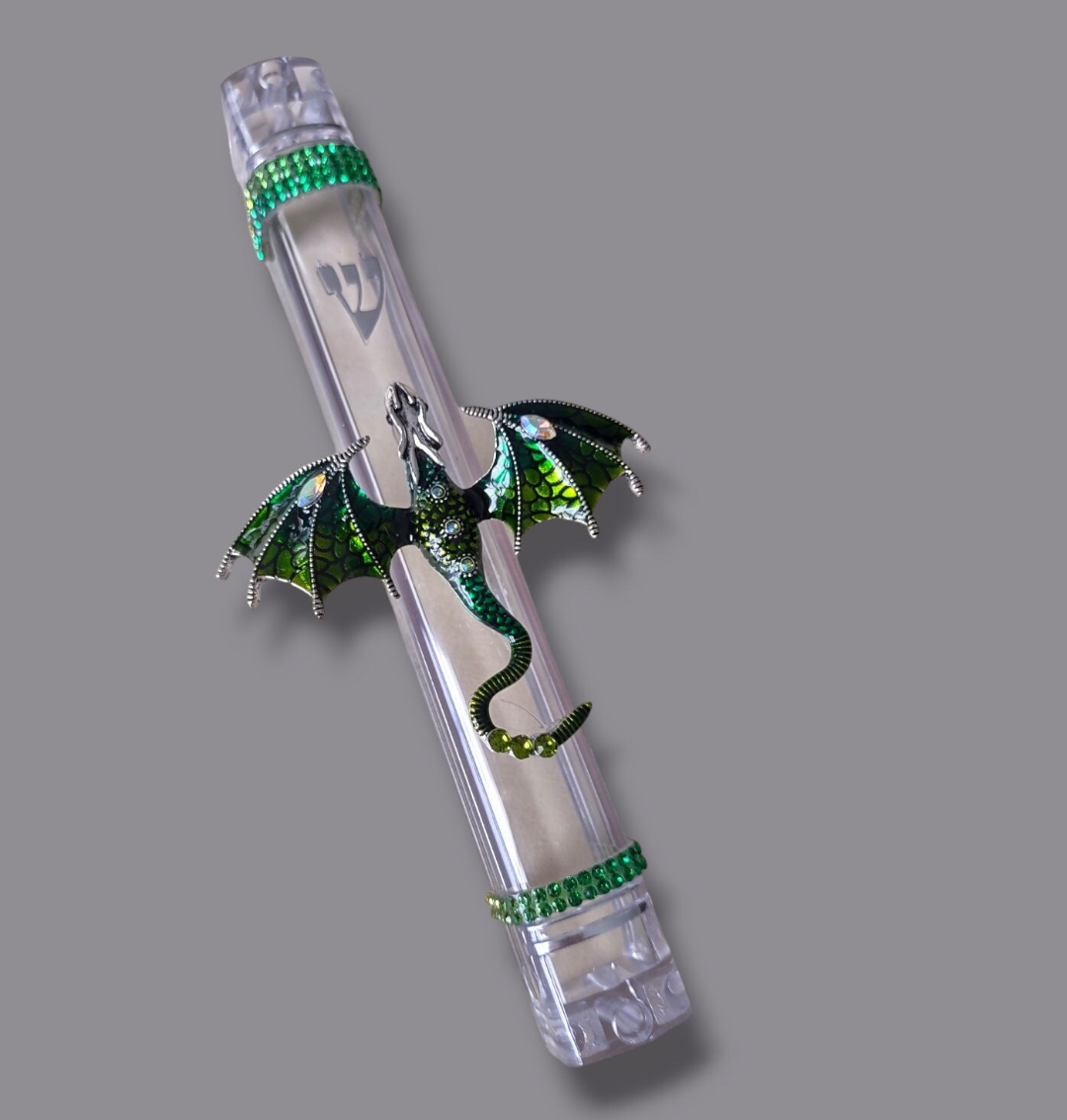Colorful dragon mezuzah case — enamel dragon and rhinestones on a clear acrylic case | Judaica Square Lakewood (view 12)