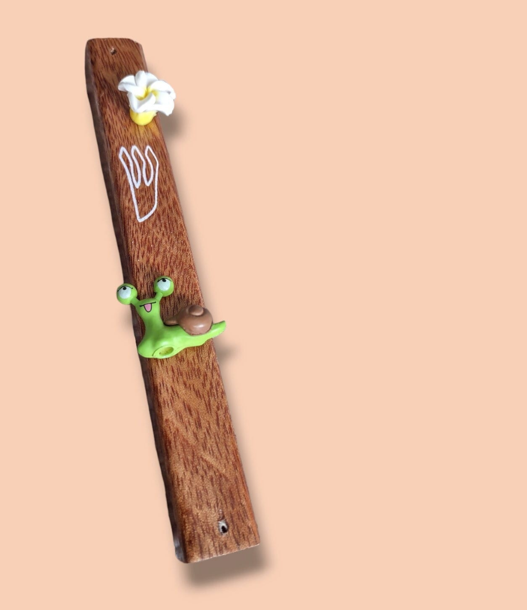 Handmade snail mezuzah — wood case with resin flower accent | Judaica Square Lakewood (view 3)
