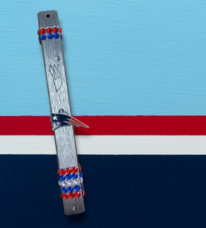 Patriots mezuzah case — aluminum case with repurposed enamel Patriots pin | Judaica Square Lakewood