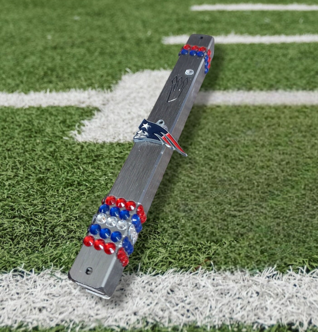Patriots mezuzah case — aluminum case with repurposed enamel Patriots pin | Judaica Square Lakewood (view 2)