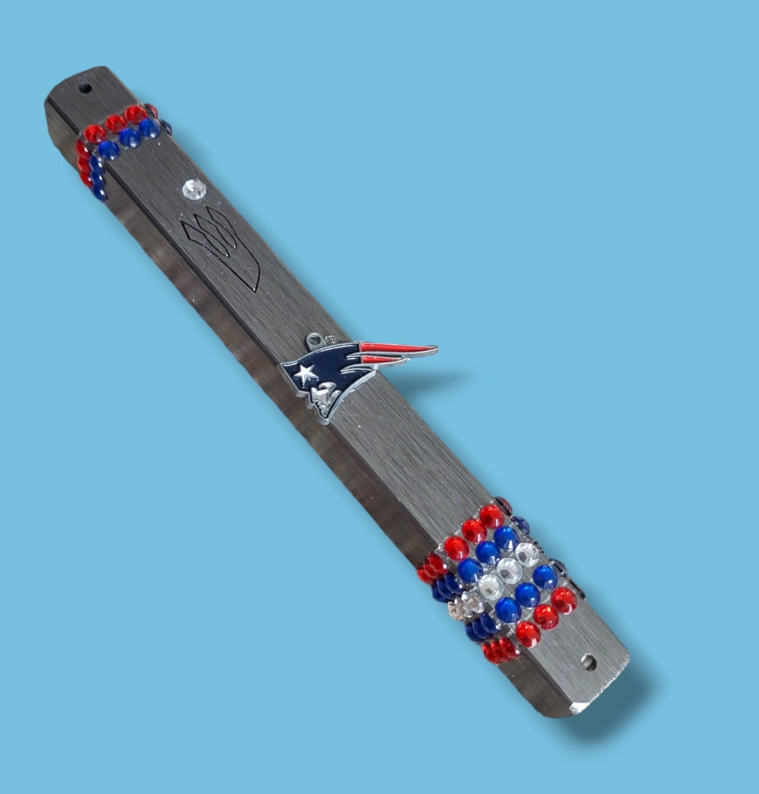 Patriots mezuzah case — aluminum case with repurposed enamel Patriots pin | Judaica Square Lakewood (view 3)
