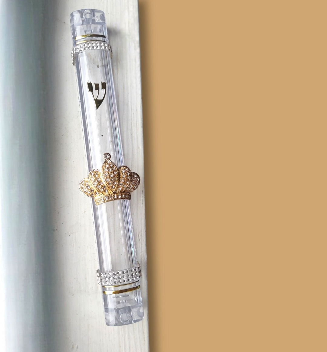 Crown and dancing women acrylic mezuzah case — gold enamel crown with rhinestones | Judaica Square Lakewood (view 7)