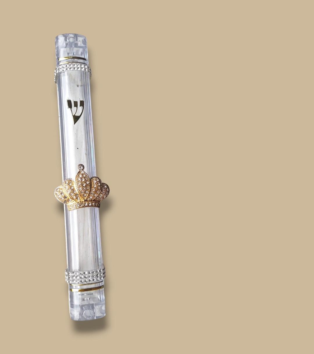 Crown and dancing women acrylic mezuzah case — gold enamel crown with rhinestones | Judaica Square Lakewood (view 8)