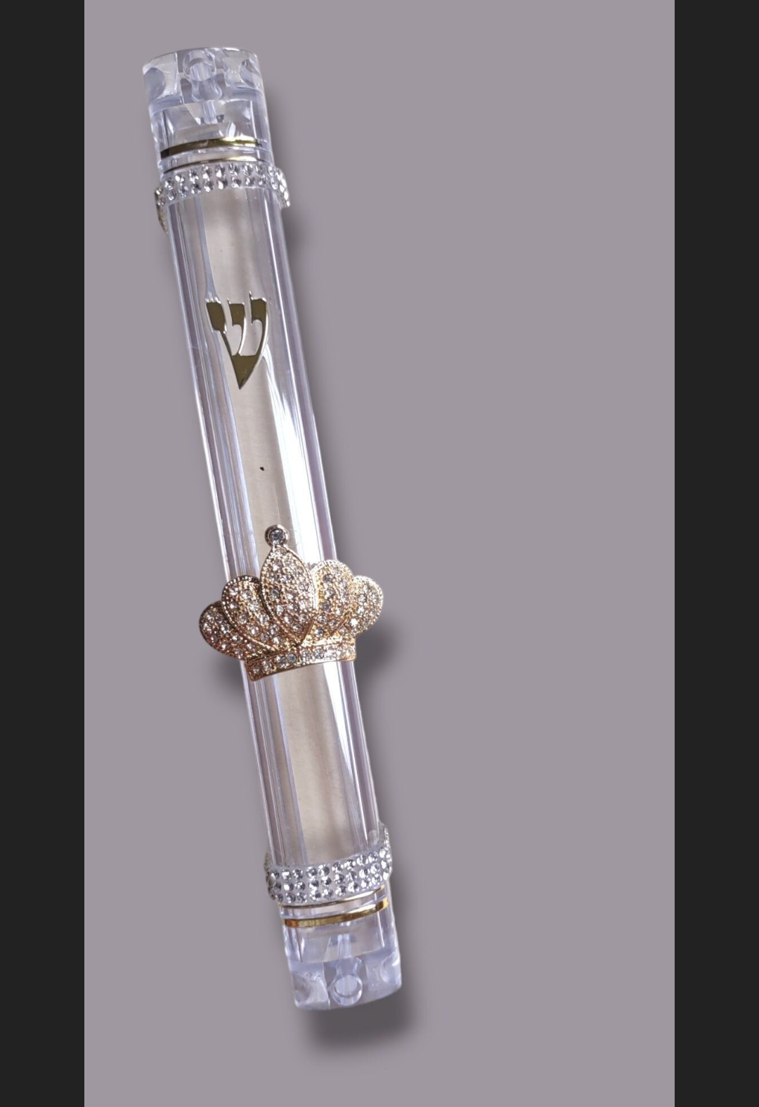 Crown and dancing women acrylic mezuzah case — gold enamel crown with rhinestones | Judaica Square Lakewood (view 9)