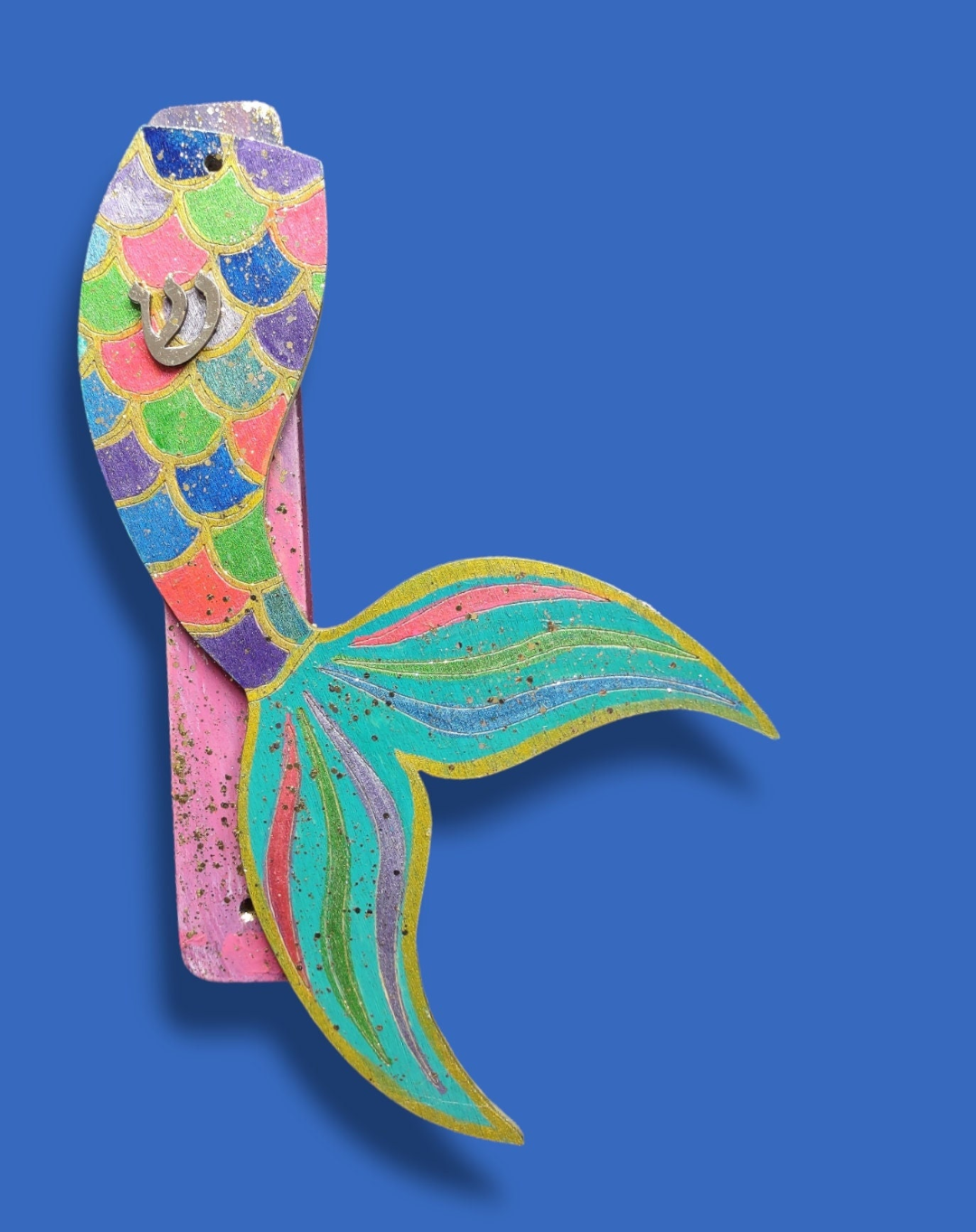 Mermaid tail mezuzah case — acrylic case with painted tail, pin and rhinestones | Judaica Square Lakewood (view 2)