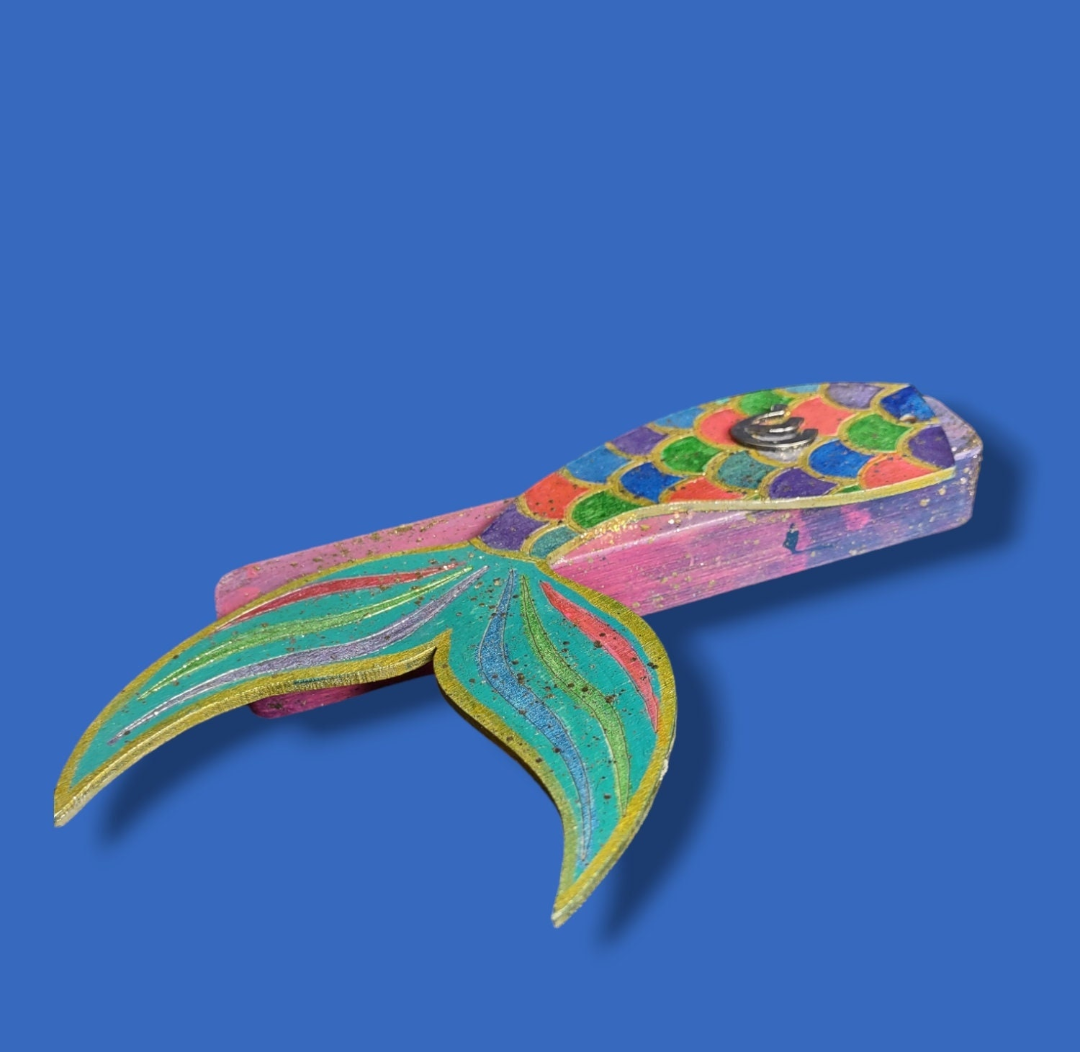 Mermaid tail mezuzah case — acrylic case with painted tail, pin and rhinestones | Judaica Square Lakewood (view 3)