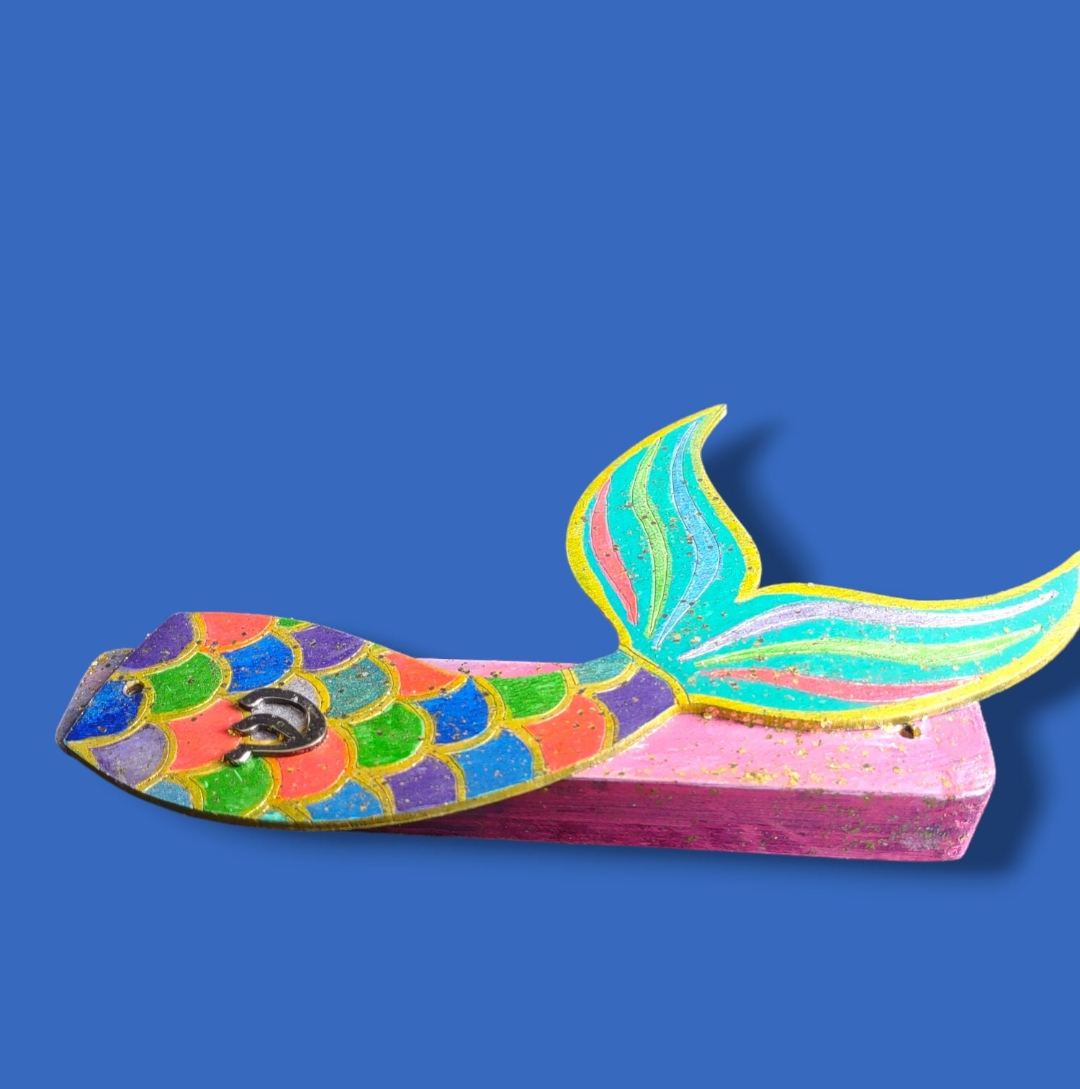 Mermaid tail mezuzah case — acrylic case with painted tail, pin and rhinestones | Judaica Square Lakewood (view 4)