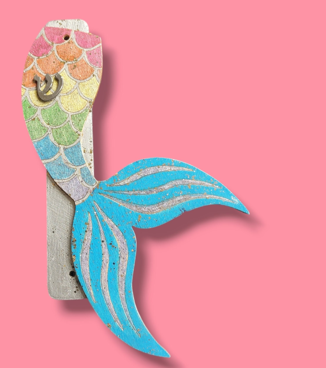 Mermaid tail mezuzah case — acrylic case with painted tail, pin and rhinestones | Judaica Square Lakewood (view 6)