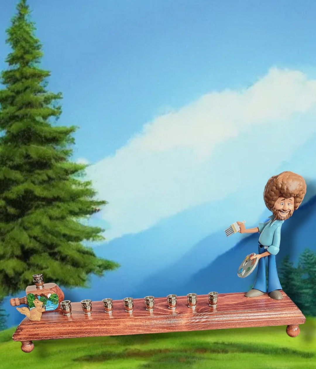 Bob Ross menorah — painter figure with wooden squirrel and nickel candle cups | Judaica Square Lakewood (view 5)