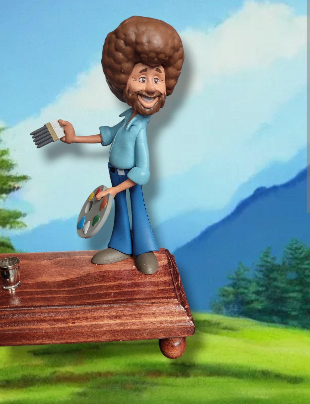 Bob Ross menorah — painter figure with wooden squirrel and nickel candle cups | Judaica Square Lakewood (view 6)