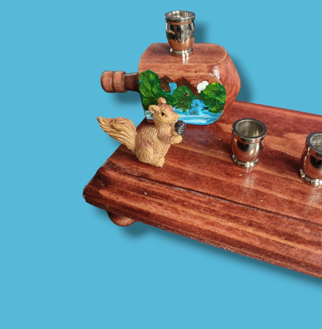 Bob Ross menorah — painter figure with wooden squirrel and nickel candle cups | Judaica Square Lakewood (view 7)